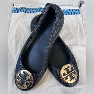 Tory Burch Black Quilted Flats with Gold Logo